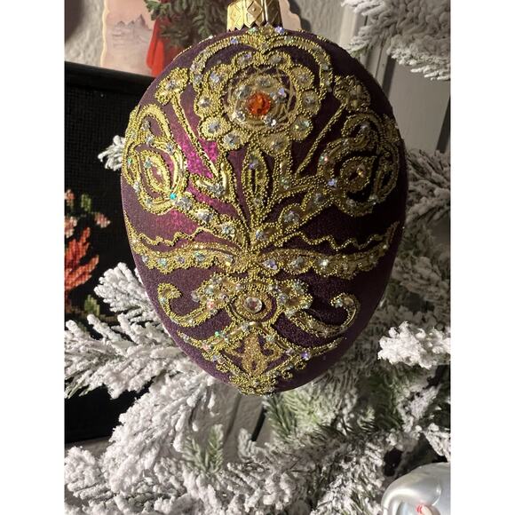 Burgundy & Gold Parzenica Christmas Glass Ornament Hand Decorated with Jewel 5” - Picture 12 of 12